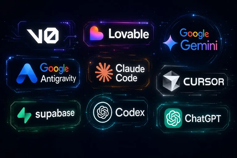 Logos e identidade visual das principais ferramentas de IA e desenvolvimento usadas na pós: V0, Lovable, Gemini, Antigravity, Claude Code, Cursor, Supabase, Codex e ChatGPT